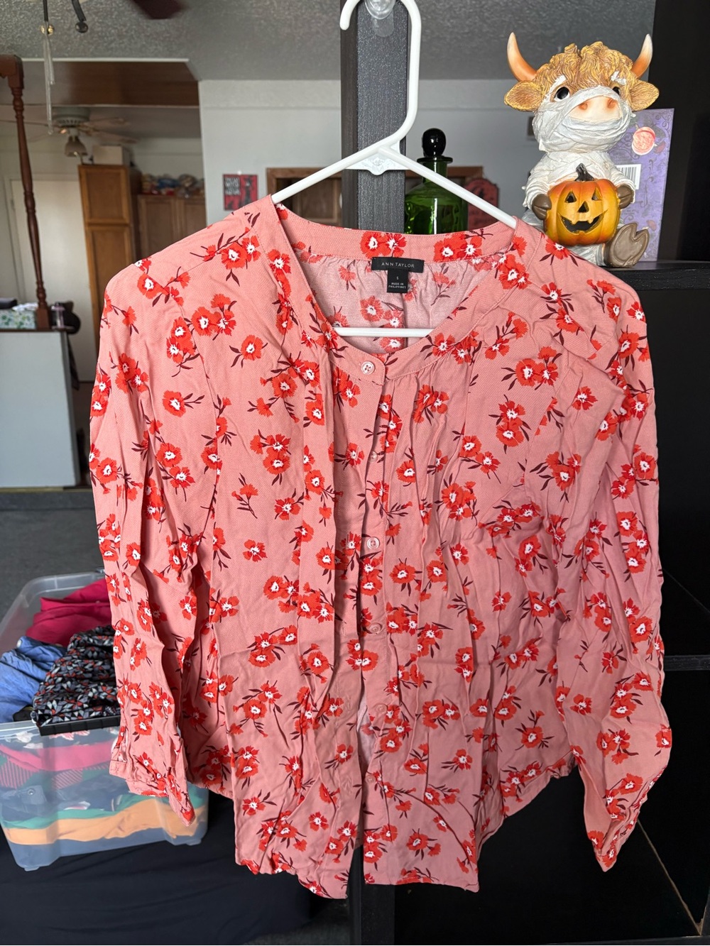 Ann Taylor Pink Blouse with Red Floral Print